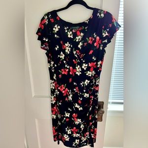 Size 16 Short-sleeved Navy Dress with Florals (Lauren by Ralph Lauren)
